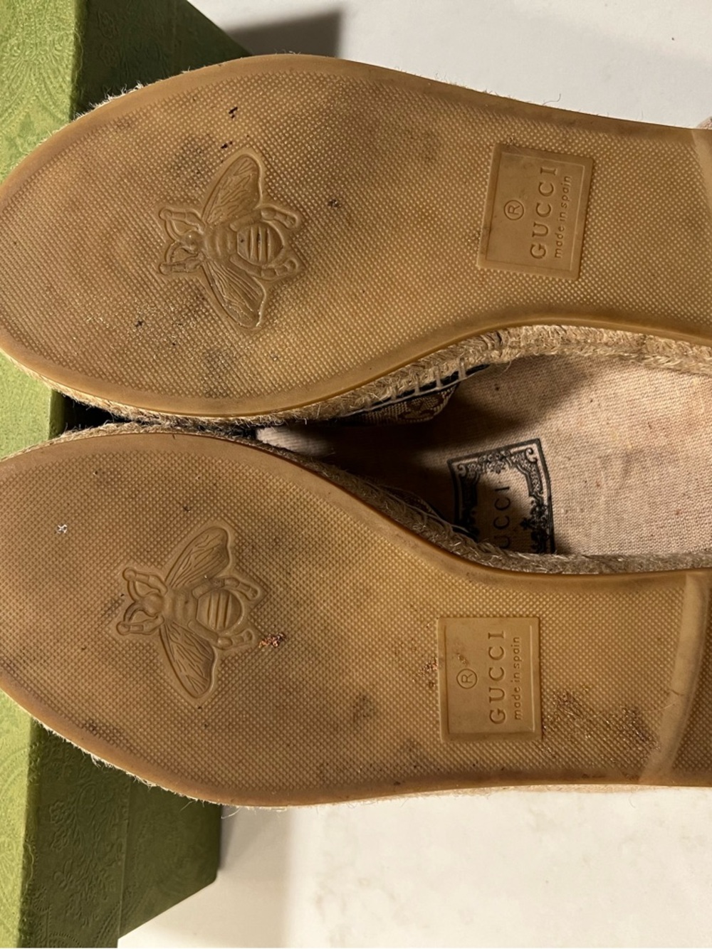Gucci Brown/Beige GG Canvas Espadrille Slides with Gold Double G - Picture 11 of 16